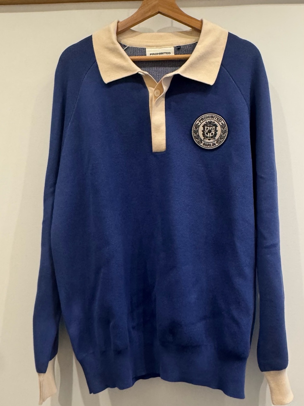 Simons Blue V-Neck Rugby Sweater with Cream Collar